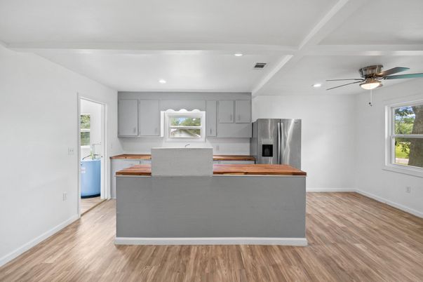 Interior, Kitchen, Recessed Lighting, Stainless Steel Appliances, Wood Texture Flooring