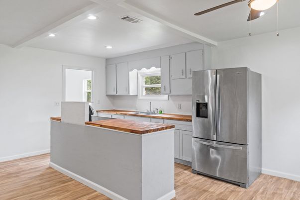Interior, Kitchen, Recessed Lighting, Wood Texture Flooring