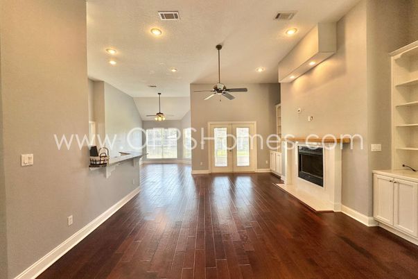 Empty room, Fireplace, Interior, Recessed Lighting, Wood Texture Flooring