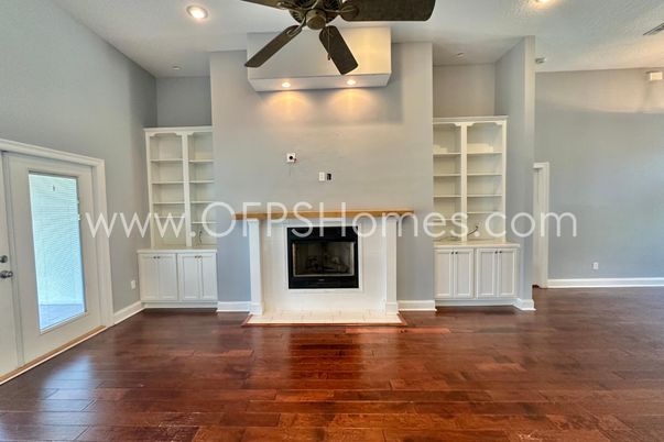 Empty room, Fireplace, Interior, Recessed Lighting, Wood Texture Flooring