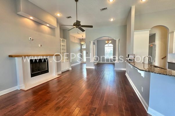 Fireplace, Interior, Recessed Lighting, Wood Texture Flooring