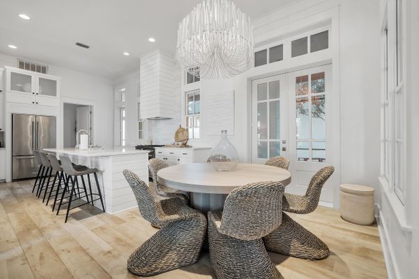 Chandelier, Dining room, Interior, Kitchen, Recessed Lighting, Stainless Steel Appliances, Wood Texture Flooring