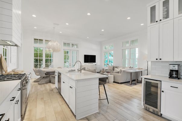 Chandelier, Interior, Kitchen, Living room, Recessed Lighting, Wood Texture Flooring