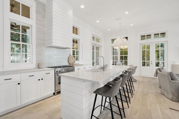 Chandelier, Interior, Kitchen, Pendant Lights, Recessed Lighting, Stainless Steel Appliances, Wood Texture Flooring