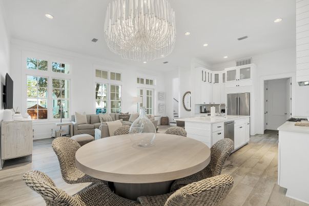 Chandelier, Dining room, Interior, Kitchen, Living room, Recessed Lighting, Stainless Steel Appliances, Wood Texture Flooring