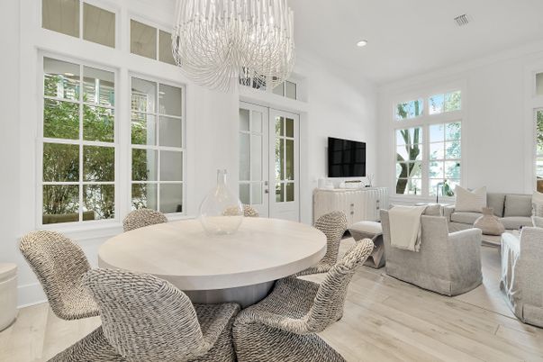 Chandelier, Dining room, Interior, Living room, Recessed Lighting, Wood Texture Flooring