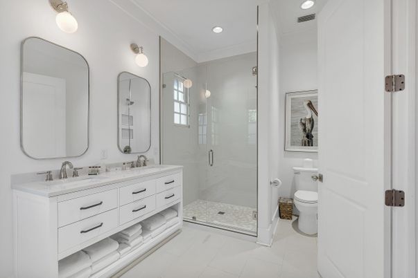 Bathroom, Dual Sink Vanities, Glass Shower, Interior, Recessed Lighting