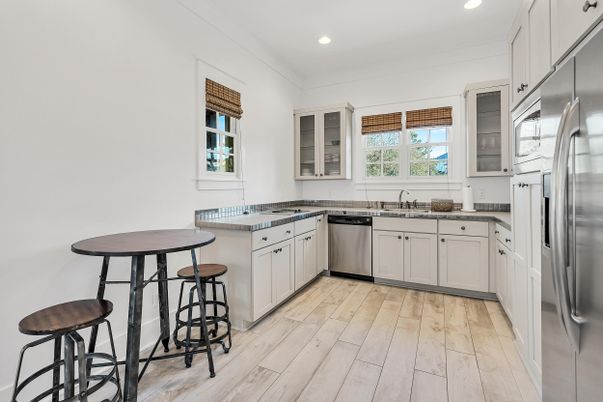 Interior, Kitchen, Recessed Lighting, Stainless Steel Appliances, Wood Texture Flooring