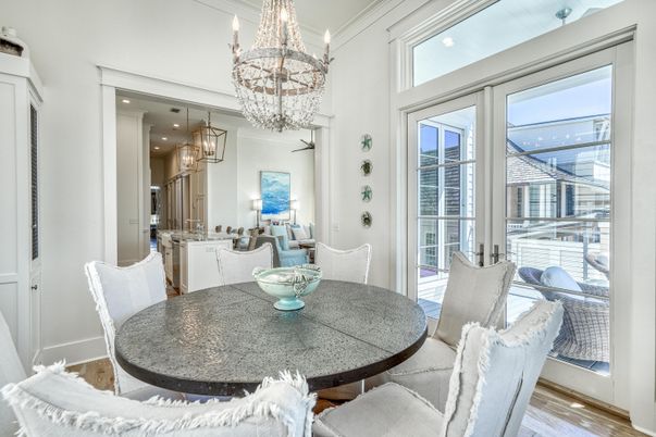 Chandelier, Dining room, Interior, Recessed Lighting, Wood Texture Flooring