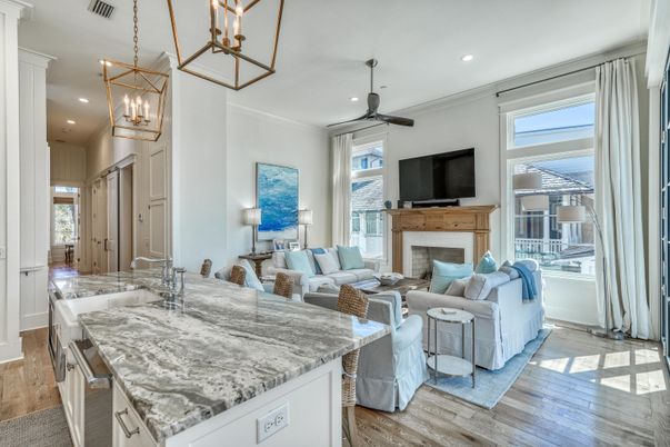Fireplace, Interior, Kitchen, Living room, Pendant Lights, Recessed Lighting, Wood Texture Flooring