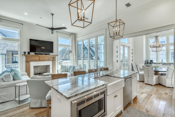 Dining room, Fireplace, Interior, Kitchen, Living room, Pendant Lights, Recessed Lighting, Wood Texture Flooring