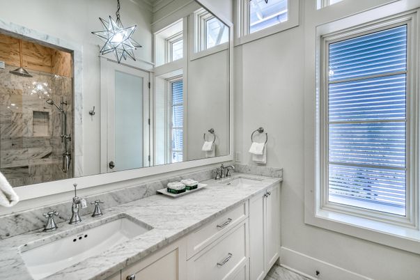 Bathroom, Dual Sink Vanities, Glass Shower, Interior, Marble Walls