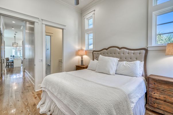 Bedroom, Interior, Pendant Lights, Recessed Lighting, Wood Texture Flooring