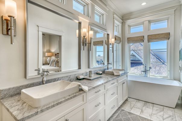Bathroom, Dual Sink Vanities, Free Standing Baths, Interior, Marble, Recessed Lighting