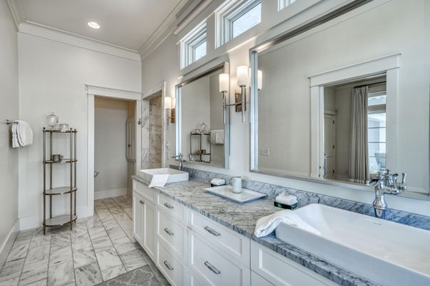 Bathroom, Dual Sink Vanities, Glass Shower, Interior, Marble, Recessed Lighting
