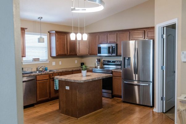 Interior, Kitchen, Pendant Lights, Stainless Steel Appliances, Wood Texture Flooring