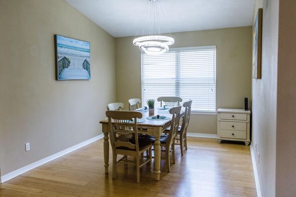 Dining room, Interior, Pendant Lights, Wood Texture Flooring