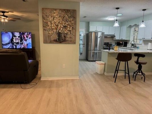 Interior, Kitchen, Pendant Lights, Stainless Steel Appliances, Wood Texture Flooring