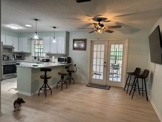 Interior, Kitchen, Pendant Lights, Wood Texture Flooring