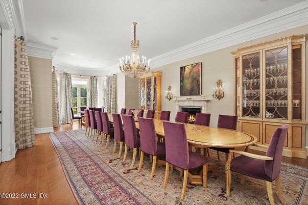 Chandelier, Dining room, Fireplace, Interior, Recessed Lighting, Wood Texture Flooring