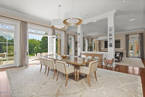Dining room, Interior, Pendant Lights, Recessed Lighting, Wood Texture Flooring