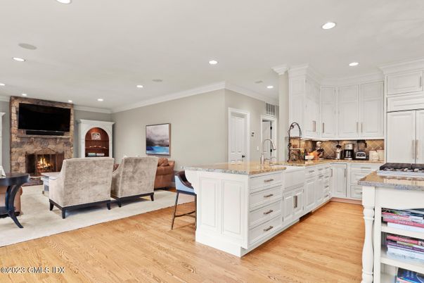 Fireplace, Interior, Kitchen, Living room, Recessed Lighting, Wood Texture Flooring