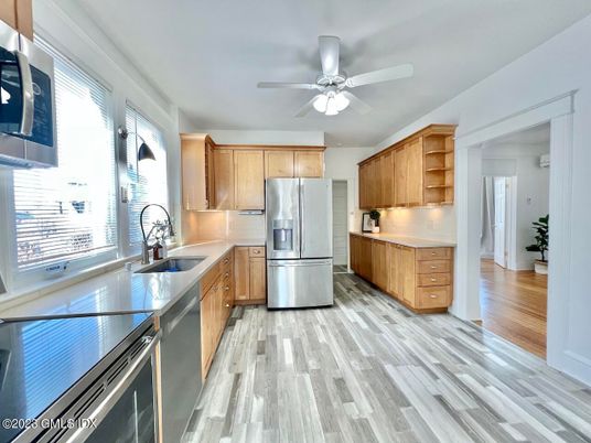 Interior, Kitchen, Stainless Steel Appliances, Wood Texture Flooring