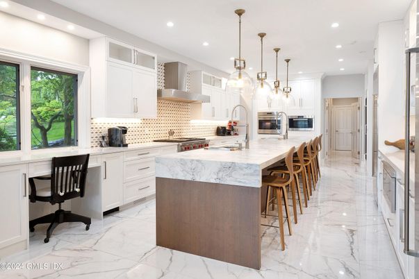 Interior, Kitchen, Marble, Pendant Lights, Recessed Lighting, Stainless Steel Appliances