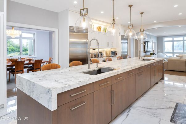 Dining room, Interior, Kitchen, Living room, Marble, Pendant Lights, Recessed Lighting, Stainless Steel Appliances
