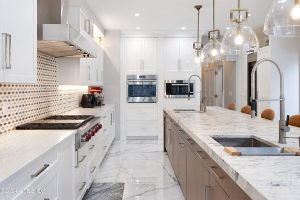 Interior, Kitchen, Marble, Pendant Lights, Recessed Lighting, Stainless Steel Appliances