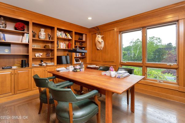 Home Office, Interior, Recessed Lighting, Wood Texture Flooring, Wooden Walls