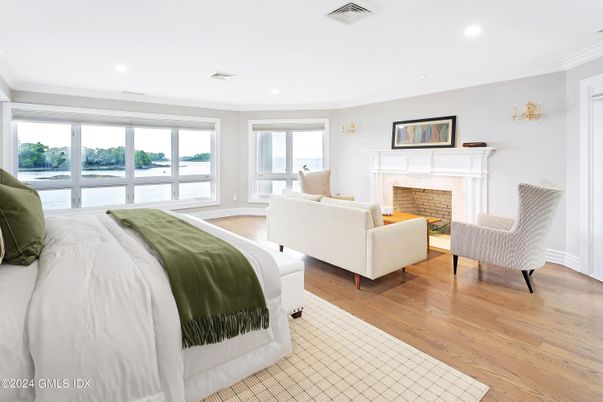 Bedroom, Fireplace, Interior, Recessed Lighting, Wood Texture Flooring