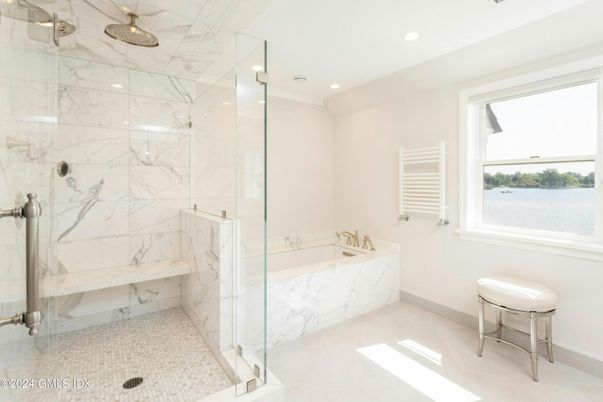 Bathroom, Glass Shower, Interior, Marble Walls, Recessed Lighting