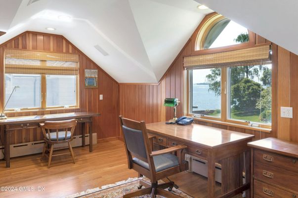 Home Office, Interior, Recessed Lighting, Water, Wood Texture Flooring, Wooden Walls