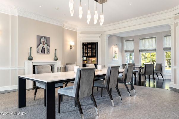 Dining room, Fireplace, Interior, Pendant Lights, Recessed Lighting, Wood Texture Flooring