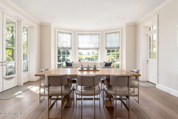 Dining room, Interior, Recessed Lighting, Wood Texture Flooring