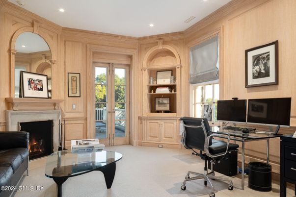 Fireplace, Home Office, Interior, Recessed Lighting, Wooden Walls