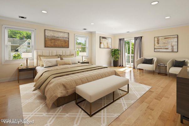 Bedroom, Interior, Recessed Lighting, Wood Texture Flooring