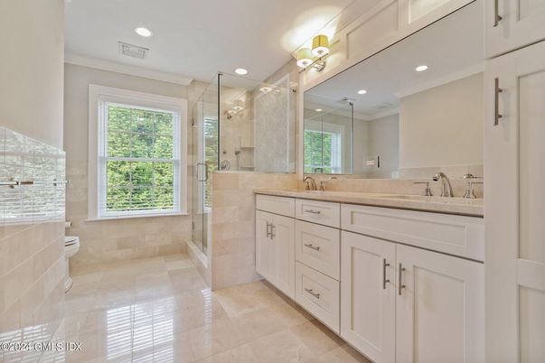 Bathroom, Dual Sink Vanities, Glass Shower, Interior, Recessed Lighting