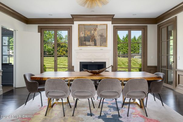 Dining room, Fireplace, Interior, Wood Texture Flooring