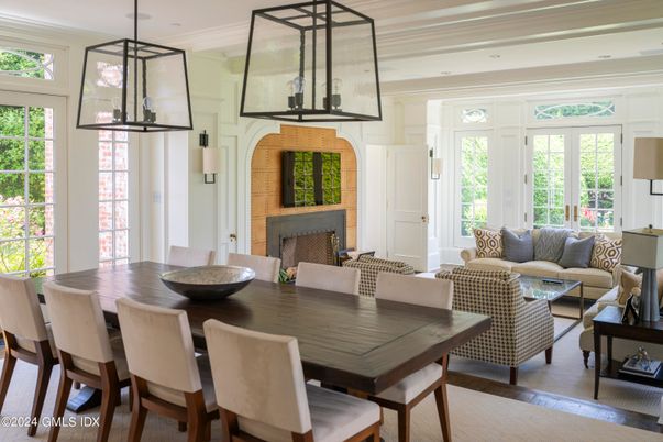 Dining room, Fireplace, Interior, Living room, Pendant Lights, Wood Texture Flooring