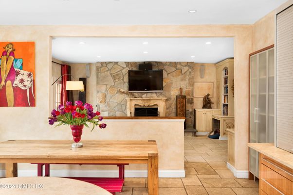 Fireplace, Interior, Recessed Lighting, Stone Walls