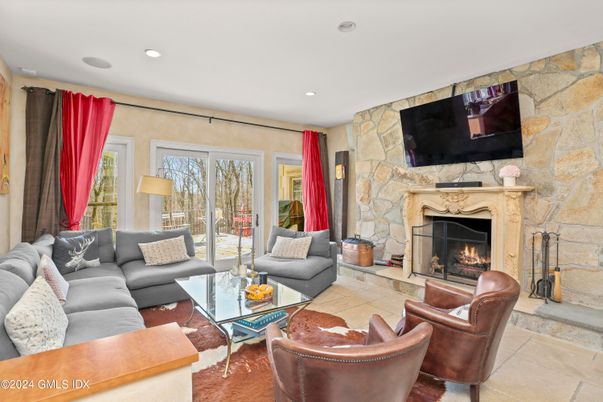 Fireplace, Interior, Living room, Recessed Lighting, Stone Walls