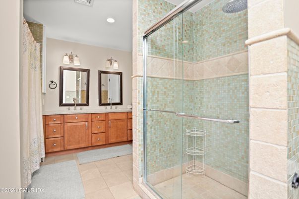 Bathroom, Dual Sink Vanities, Glass Shower, Interior, Recessed Lighting