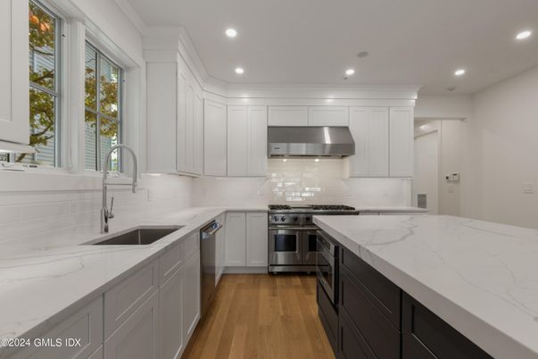 Interior, Kitchen, Recessed Lighting, Stainless Steel Appliances, Wood Texture Flooring