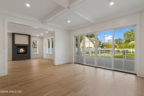 Empty room, Fireplace, Interior, Recessed Lighting, Wood Texture Flooring