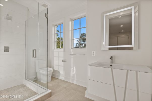 Bathroom, Glass Shower, Interior, Recessed Lighting, Wood Texture Flooring