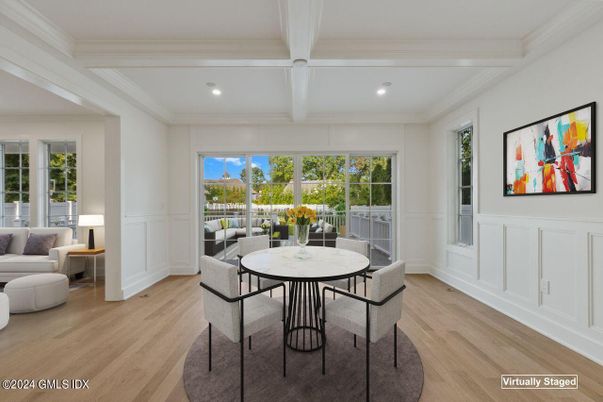 Dining room, Interior, Recessed Lighting, Wood Texture Flooring