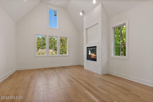 Empty room, Fireplace, Interior, Recessed Lighting, Wood Texture Flooring