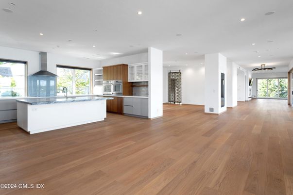 Interior, Kitchen, Pendant Lights, Recessed Lighting, Stainless Steel Appliances, Wood Texture Flooring